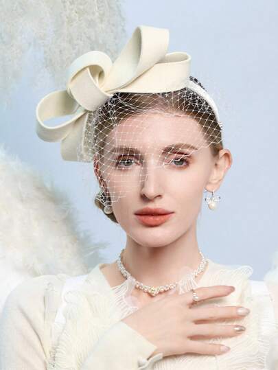 HIMESPORT 白色黑色羊毛毡女士礼帽，配有鸡尾酒会、茶会、优雅教堂礼服、德比帽、婚礼帽和面纱蝴蝶结。