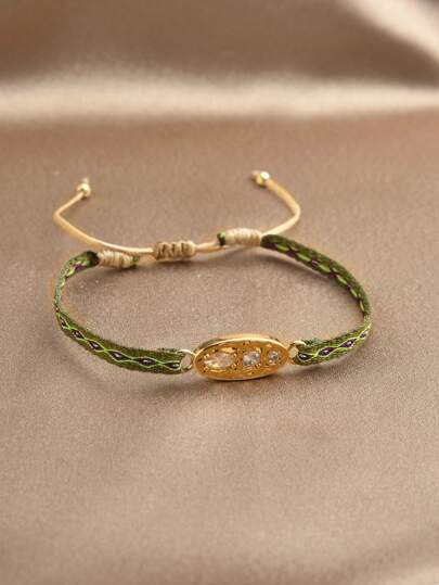 1 件波西米亚风 18K 镀金可调节编织绳女式手链，镶嵌人造锆石