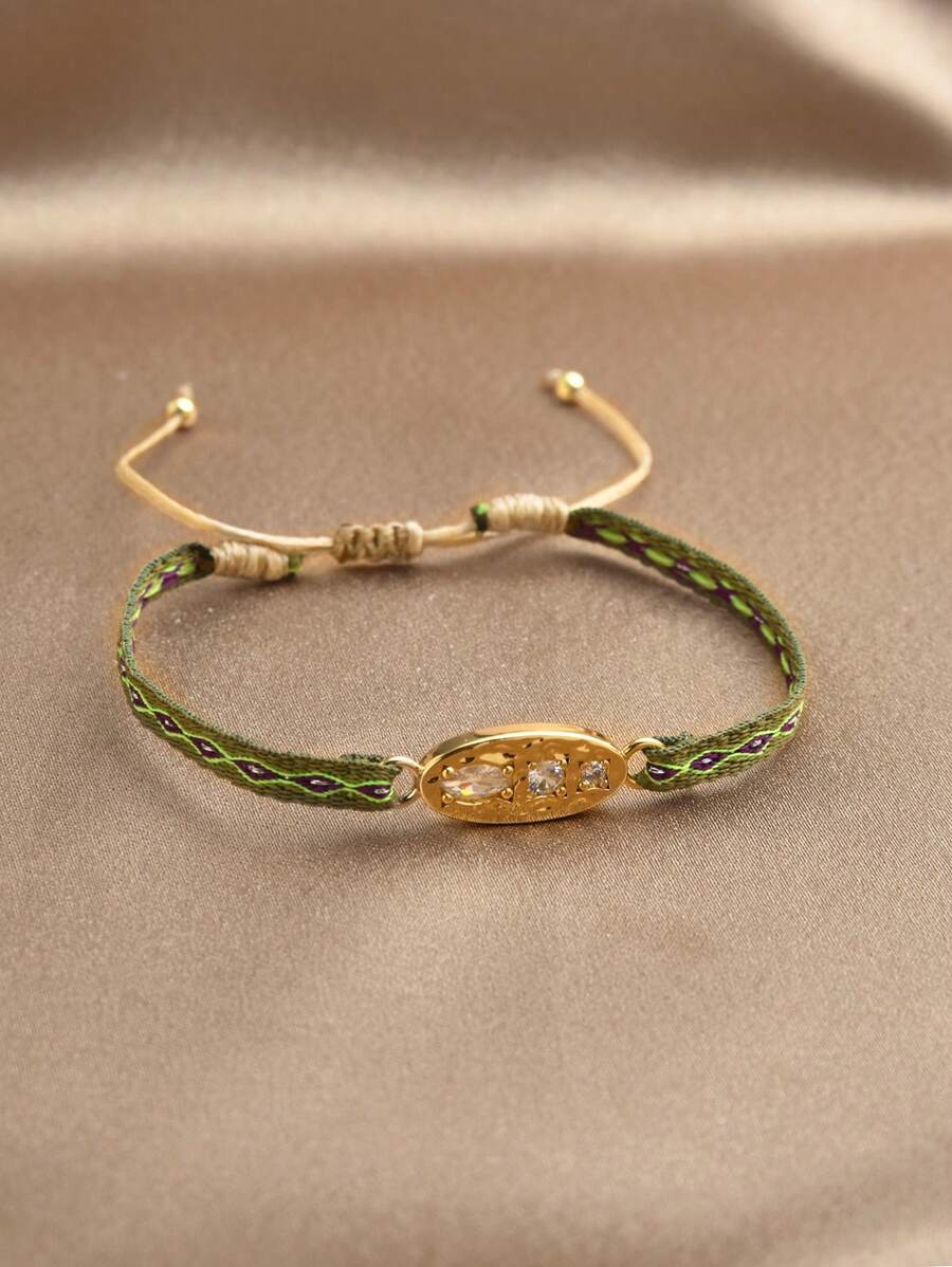 1 chiếc Vòng tay nữ dây bện mạ vàng 18K Bohemian có thể điều chỉnh được với đá Zirconia nhân tạo - màu xanh lá - Xem 1