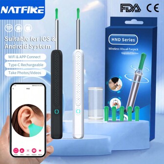  NATFIRE Ear Pick Ear Wax Removal Tool Ear Cleaner With Mini Camera And LED Lights Replacement And Painless Ear Cleaner Ear Tips Spoon Easily And Efficiently Remove Earwax Suitable For Adults Compatible With Iphone IOS & Android Best Gift Thanksgiving Christmas Promotion,School,Back To School,Travel,Travel Essentials,Home Essentials,Ear Cleaner