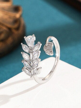 1 件可调节开口橄榄枝形铜锆石水晶时尚珠宝戒指，适合女性日常、节日、婚礼和派对/珠宝礼物'