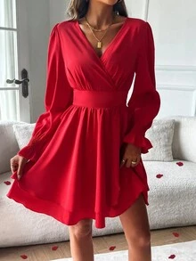 Women V-Neck Long Sleeve Solid Color Casual Short Dress