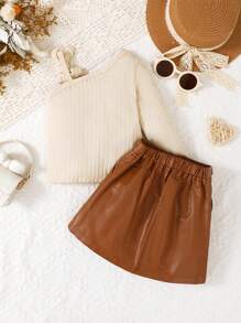2 sztuki/zestaw Modny strój dla dziewczynki, prążkowany top na ramionach z kokardą i skórzana spódnica, wiosna/jesień