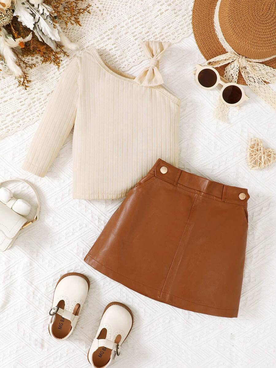 2 sztuki/zestaw Modny strój dla dziewczynki, prążkowany top na ramionach z kokardą i skórzana spódnica, wiosna/jesień