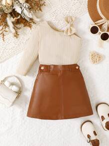 2 sztuki/zestaw Modny strój dla dziewczynki, prążkowany top na ramionach z kokardą i skórzana spódnica, wiosna/jesień