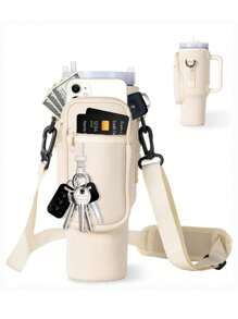 1 pieza de bolsa portadora de botella de agua con bolsillo para teléfono + 1 pieza de funda de pajita de color aleatorio para vaso aislado de 40/30 Oz, funda de botella de agua de neopreno con correa ajustable, gancho para llaves, adecuado como regalo de Navidad, regalo de Año Nuevo