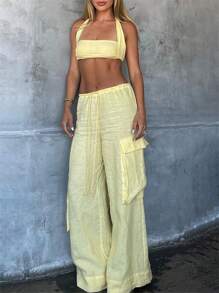 Women's Cargo Pants Solid Color Drawstring Wide Leg Trousers With Large Pockets Casual Streetwear - Yellow - View 6