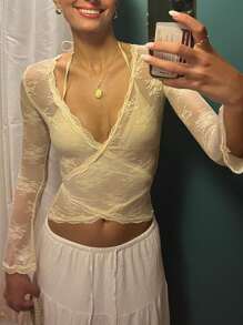 Women Y2K Lace Floral Long Sleeve Shirts Tops Sheer Mesh See-Through Deep V Neck Cross Wrap T-Shirts Slim Fit Going Out Tees Tops Vintage Aesthetic Clothes Streetwear