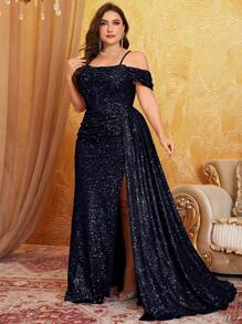 UNITHORSE Plus Size Cold Shoulder Back Cross Straps With Open Back Design Dress - Navy Blue - View 3