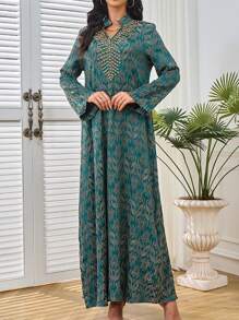 女式 V 领长袖长裙 - 优雅休闲锁孔领口，花卉印花和串珠细节，适合春夏季