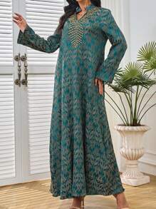 女式 V 领长袖长裙 - 优雅休闲锁孔领口，花卉印花和串珠细节，适合春夏季