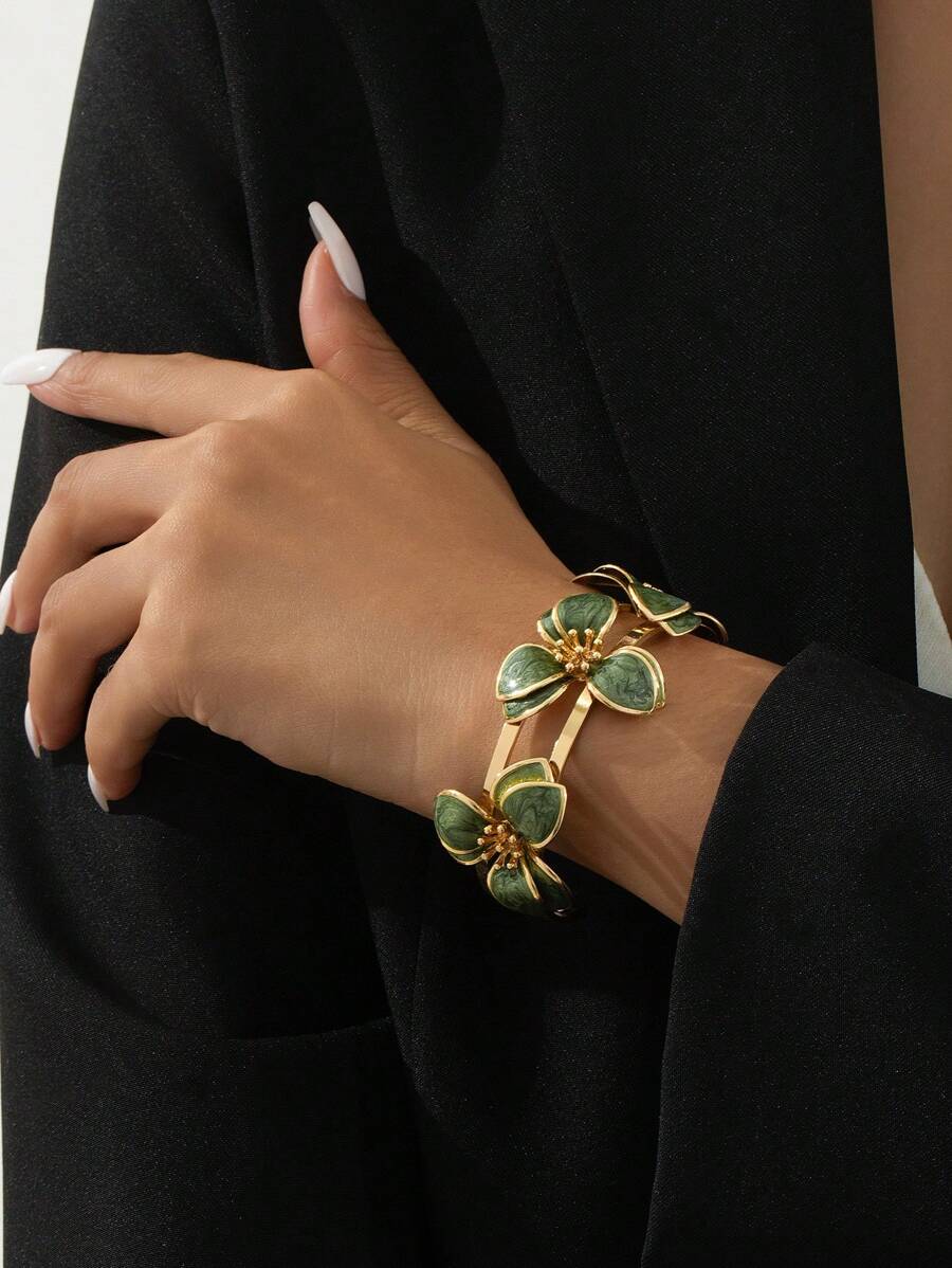 قطعة واحدة من الأساور المزينة بالزهور المزخرفة بقطرات الزيت سحرية للنساء، مناسبة كهدية للزفاف وعيد الحب والأم وعيد الأم - أخضر - مشاهدة 1