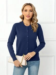 DEARCASE Áo len cardigan cài nút dài tay màu trơn đơn giản cho nữ - Màu xanh hải quân - Xem 5