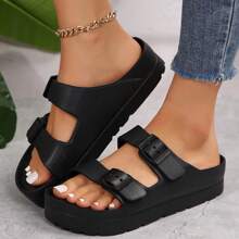 Adjustable Double Buckle Sandals For Women - Fashionable,Waterproof,And Comfortable Flat Shoes With - Perfect For The Beach - Black - View 6