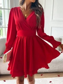 Women V-Neck Long Sleeve Solid Color Casual Short Dress