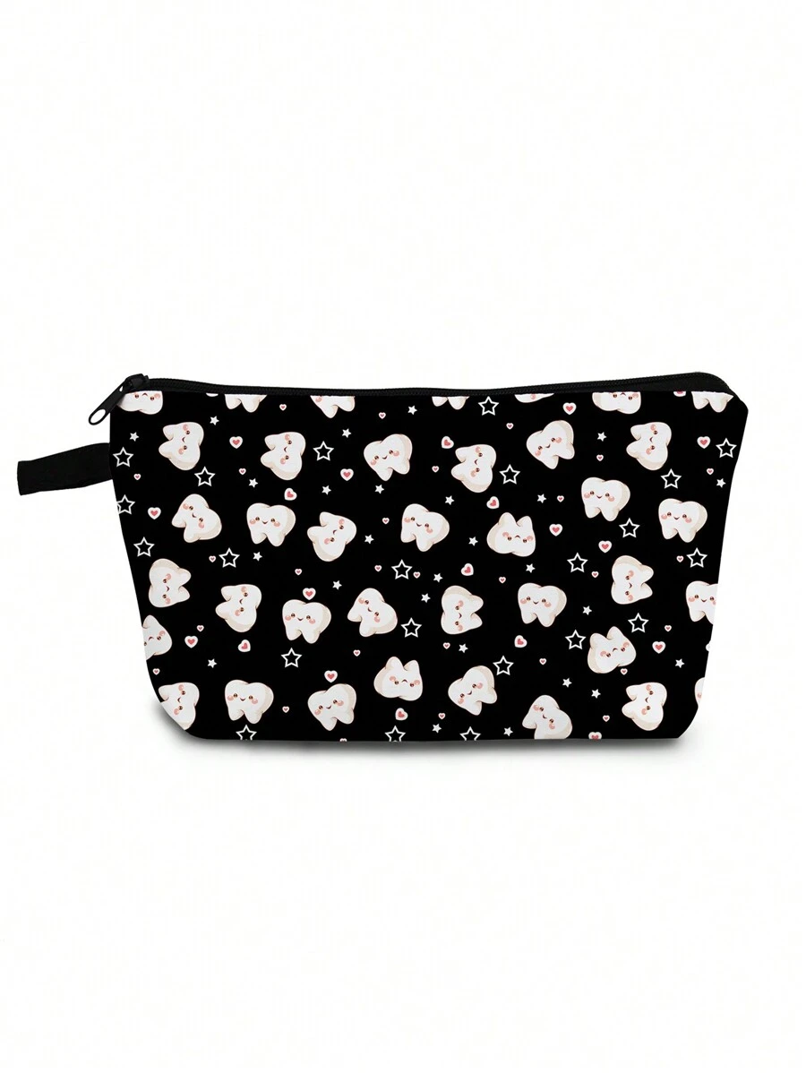 Cute Cartoon Teeth Print Makeup Bag Women Reusable Toiletry Bag Heart Design Storage Pouch Handbag Coin Purse Party Favor Gift School Pencil Case Dentist Gift