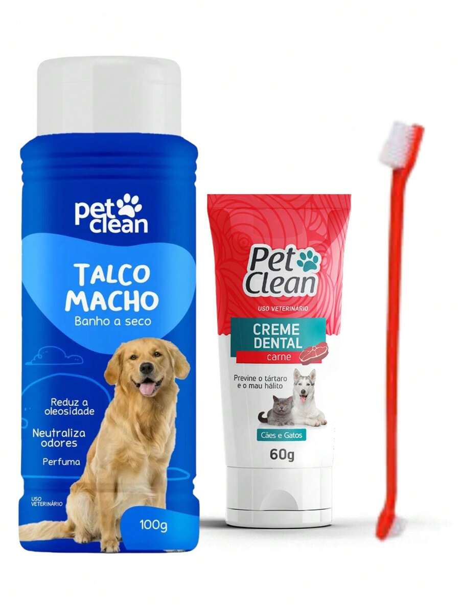 Flavored Toothpaste, Toothbrush And Talcum Powder Kit For Male Dogs - Pet Clean Dry And Oral Hygiene - Red - View 1