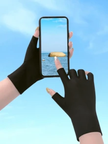 1 paire de gants mi-doigts pour femmes avec protection UV, convenant pour la manucure ou le port extérieur. Gants de protection solaire fins et élastiques. Gants courts en fibres de polyester de couleur unie avec doigts partiellement exposés.