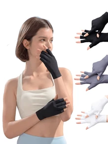 1 paire de gants mi-doigts pour femmes avec protection UV, convenant pour la manucure ou le port extérieur. Gants de protection solaire fins et élastiques. Gants courts en fibres de polyester de couleur unie avec doigts partiellement exposés.