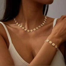 Gold Plated Daisy Choker And Bracelet Set - Vàng - Xem 2