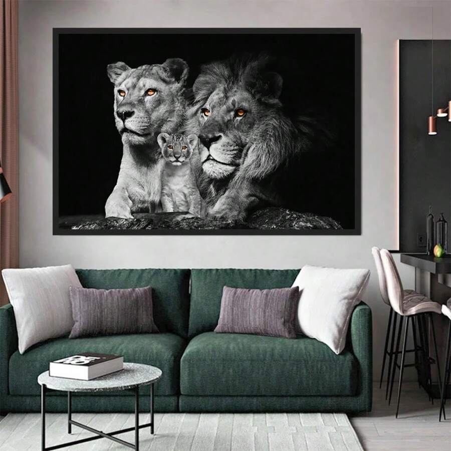 Quadro Decorativo GRANDE Alta Resolução Para Sala Quarto Escritório Hall Quadro Família De Leão 1 Filhote olhos marrom Fácil instalação decoração moderna - Multicolorido - Visão 1