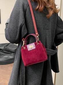 4 季通勤包，时尚女包，精致单肩斜挎包，高端优雅百搭迷你绒面革手提包 - 酒紅色 - 查看 7