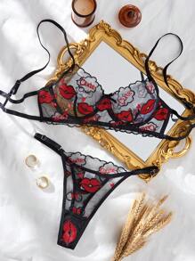 2pcs Sexy Black Lace Embroidered Lip Print Sheer Bra Set For Women, Romantic Lingerie, Suitable For Valentine's Day, Honeymoon Ultrathin Bra