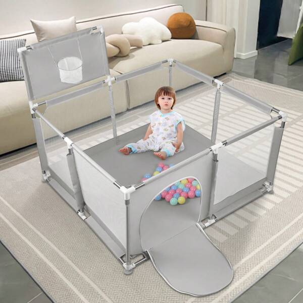 Parc de bébé 126x126x66cm, Parc de jeu avec 50 balles océaniques de 10 mois à 6 ans, Aire de jeux pour enfants avec but et panier de basket, Cadeau d'enfant pour nouvel an et festivals