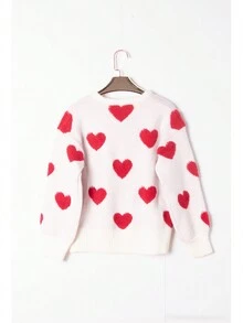 Élégant pull tricoté à col en O avec imprimé en forme de cœur, manches longues casual et chaud. Pullover femme pour l'automne, la rue et les déplacements. Idéal pour Noël et Nouvel An - Rouge et Blanc - Voir 2