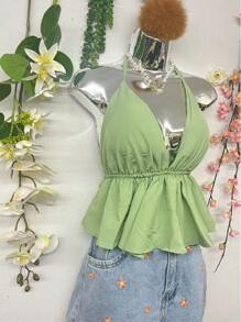 T066 Ruffle Trim Tied Backless Halter Top - 橄欖綠 - 查看 2