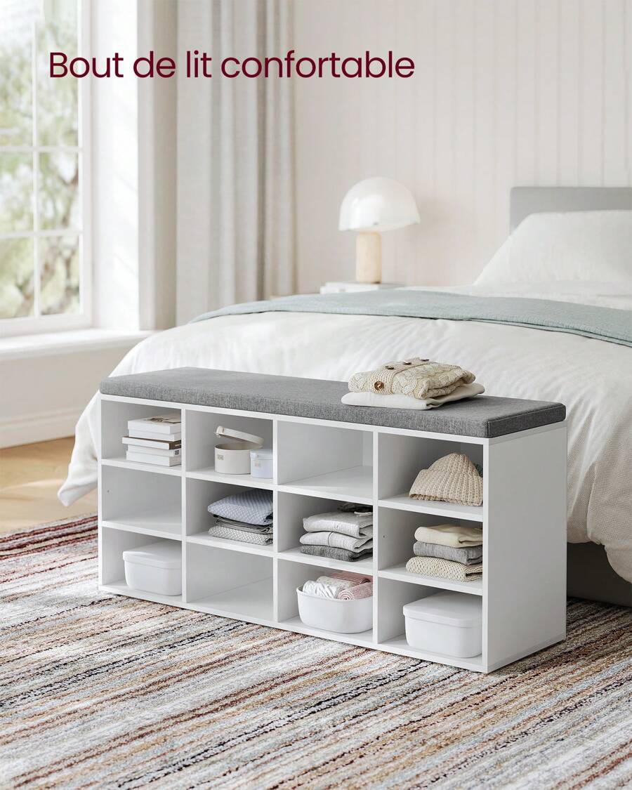 VASAGLE Banc à Chaussures, Organiseur de Chaussures avec 12 Compartiments, Siège Rembourré, pour Entrée, Couloir, Placard, Blanc Nuage et Gris Tourterelle - Blanc - Voir 1
