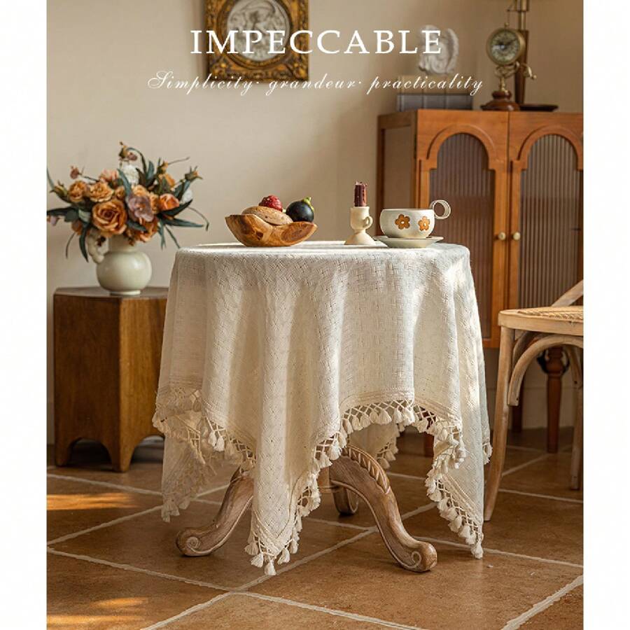 1pc Japanese-Style Beige Tassel Round Table Cloth, Modern Luxurious Circular Coffee Table Cloth - Beige - View 1