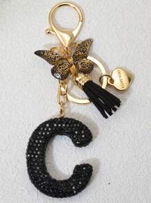 1pc Soft Clay Pink Letter Rhinestone Keychain, Cute Personalized Handbag Accessory, Car Key Chain, Heart Decor Gift For Mom, Friends, Valentine's Day Valentines Car Accessories Bag Charm - Black Butterfly - View 19