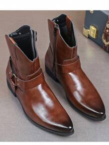 Men's Pointed Toe Chelsea Boots, Outdoor Versatile High-Top Leather Riding Boots - Brown - View 9