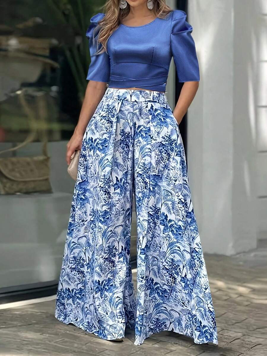2pcs/Set Women Printed Round Neck Loose Short Sleeve Top And Wide-Leg Pants