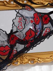 2pcs Sexy Black Lace Embroidered Lip Print Sheer Bra Set For Women, Romantic Lingerie, Suitable For Valentine's Day, Honeymoon Ultrathin Bra