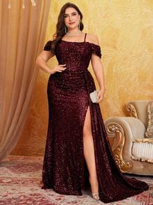 UNITHORSE Plus Size Cold Shoulder Back Cross Straps With Open Back Design, Fishbone Split Front, Elongated Leg Line Advanced Elegant Glitter Dress Formal Evening Wedding Guest Gown, For Graduation, Dinner Party Dress, Fall Women Clothes - 酒紅色 - 查看 4