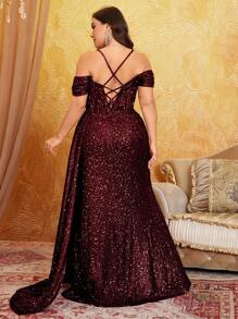 UNITHORSE Plus Size Cold Shoulder Back Cross Straps With Open Back Design, Fishbone Split Front, Elongated Leg Line Advanced Elegant Glitter Dress Formal Evening Wedding Guest Gown, For Graduation, Dinner Party Dress, Fall Women Clothes - 酒紅色 - 查看 2