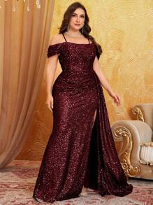 UNITHORSE Plus Size Cold Shoulder Back Cross Straps With Open Back Design, Fishbone Split Front, Elongated Leg Line Advanced Elegant Glitter Dress Formal Evening Wedding Guest Gown, For Graduation, Dinner Party Dress, Fall Women Clothes - 酒紅色 - 查看 5