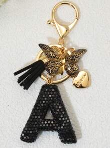1pc Soft Clay Pink Letter Rhinestone Keychain, Cute Personalized Handbag Accessory, Car Key Chain, Heart Decor Gift For Mom, Friends, Valentine's Day Valentines Car Accessories Bag Charm - Black Butterfly - View 8