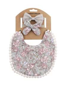 (Customized) 1 Set Personalized Embroidered Baby Bibs & Headband Set, Printed Double-Sided Burp Cloths, Suitable For Daily Use