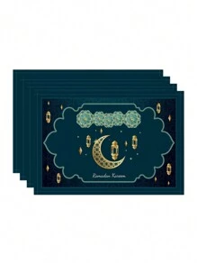 1 Stück/4 Stücke Ramadan Leinen Tischtuch & Platzteller, grüne Mondsichel & Blumen Design, geeignet für Zuhause, Restaurant, Esszimmer Dekoration, Innen-/Außenparty Bedarf, Raumdekoration