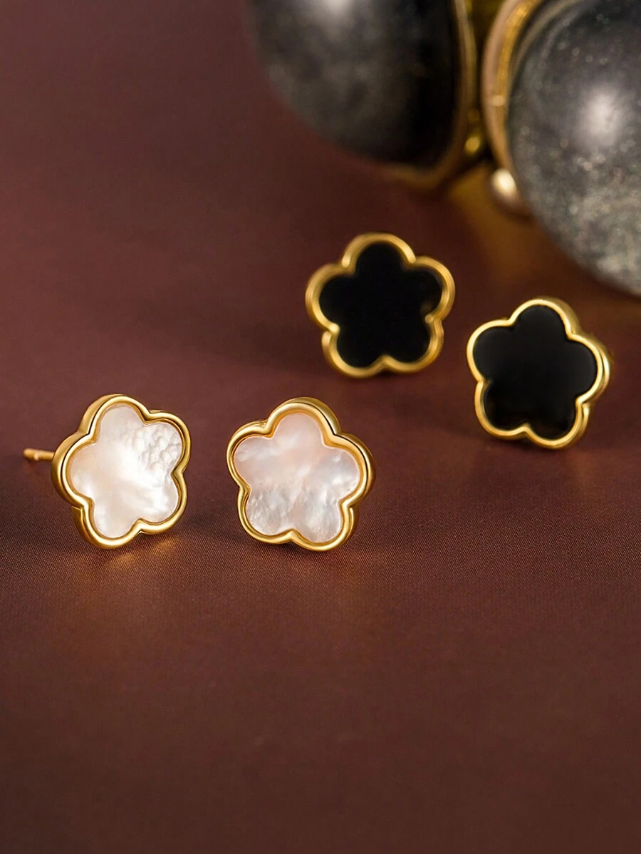 Flyleaf 2 件 925 纯银 18K 镀金三叶草花耳钉，优雅的日常佩戴精美珠宝 - 金色 - 查看 1