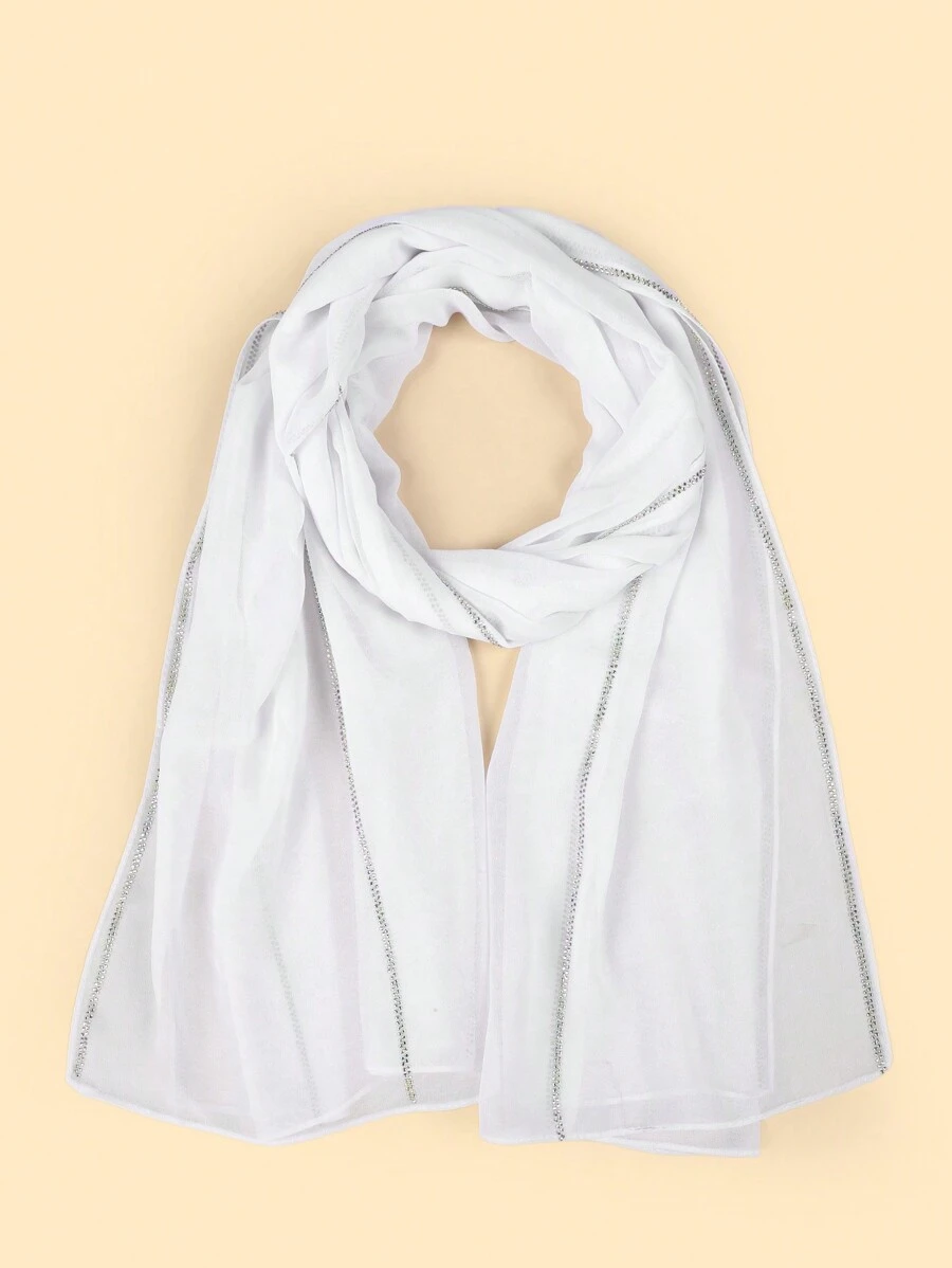 1pc Women's Black Scarf With Diamond Inlaid - White - View 1