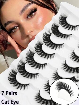 7 对 18 毫米，猫眼，蓬松纤细假睫毛，浓密假睫毛全条睫毛