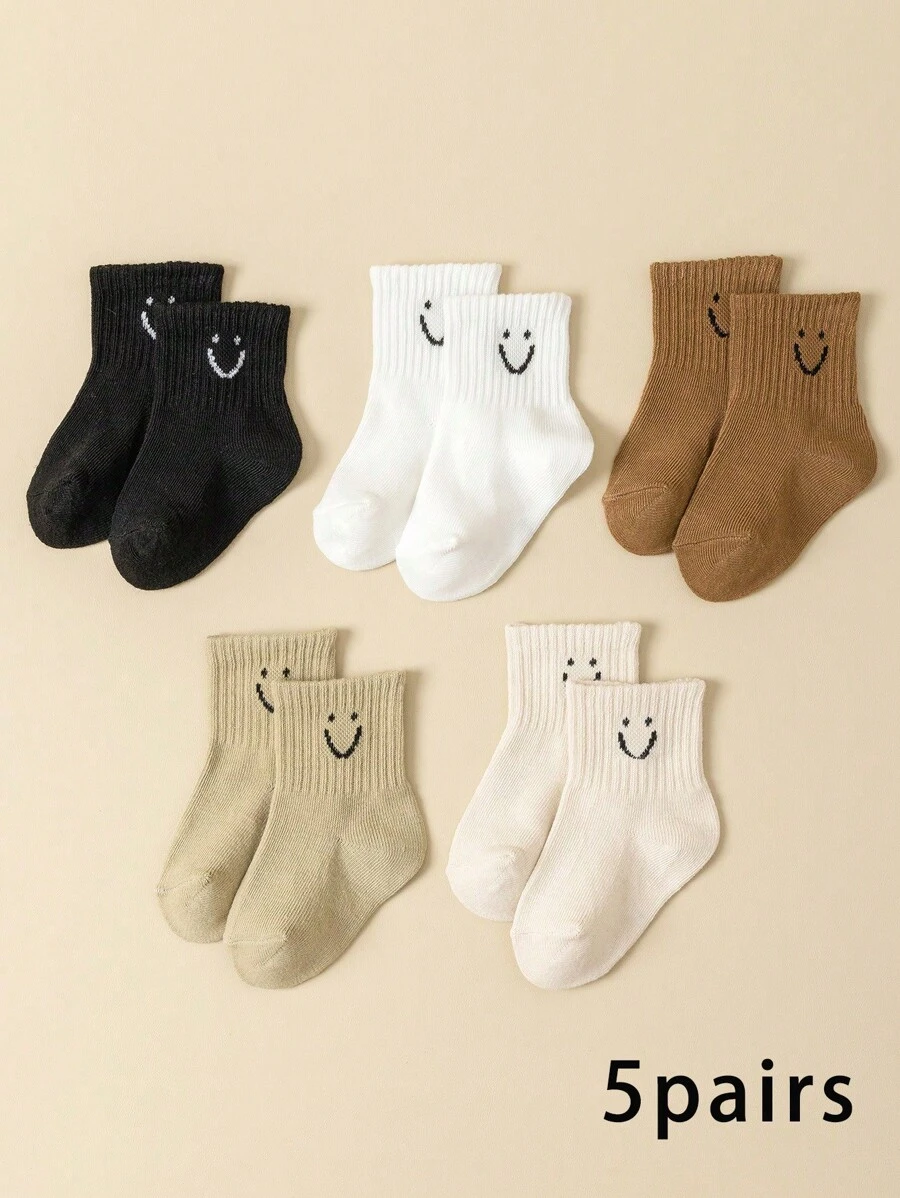 5 Pairs Baby Boy& Girl Socks Cute Cartoon Pattern & Solid Color Socks All Seasons Comfortable And Soft Infant Socks