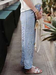 Womens Y2k Gingham Pants Ruffled Straight Leg Lounge Pants Elastic Waist Plaid Wide Leg Loose Trousers Streetwear - 藍色 - 查看 6