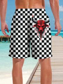 Men's 3D Printed Plaid Ox Hawaiian Beach Shorts, Summer - Multicolor - View 2