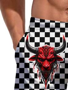 Men's 3D Printed Plaid Ox Hawaiian Beach Shorts, Summer - Multicolor - View 5