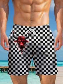 Men's 3D Printed Plaid Ox Hawaiian Beach Shorts, Summer - Multicolor - View 1